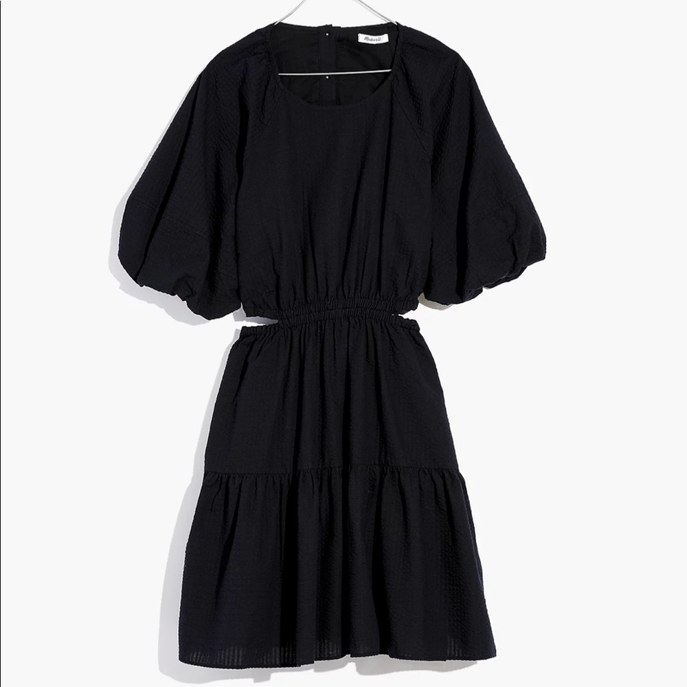Seersucker Puff-Sleeve Cutout Mini Dress